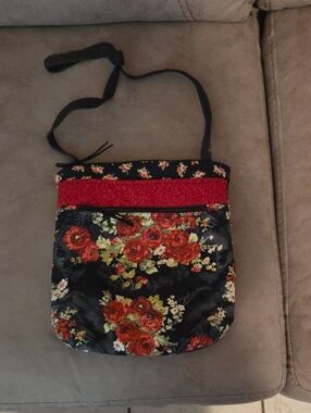 Bag Floral Red and Black Crossbody Bag - Women's Shoulder Purse Handmade